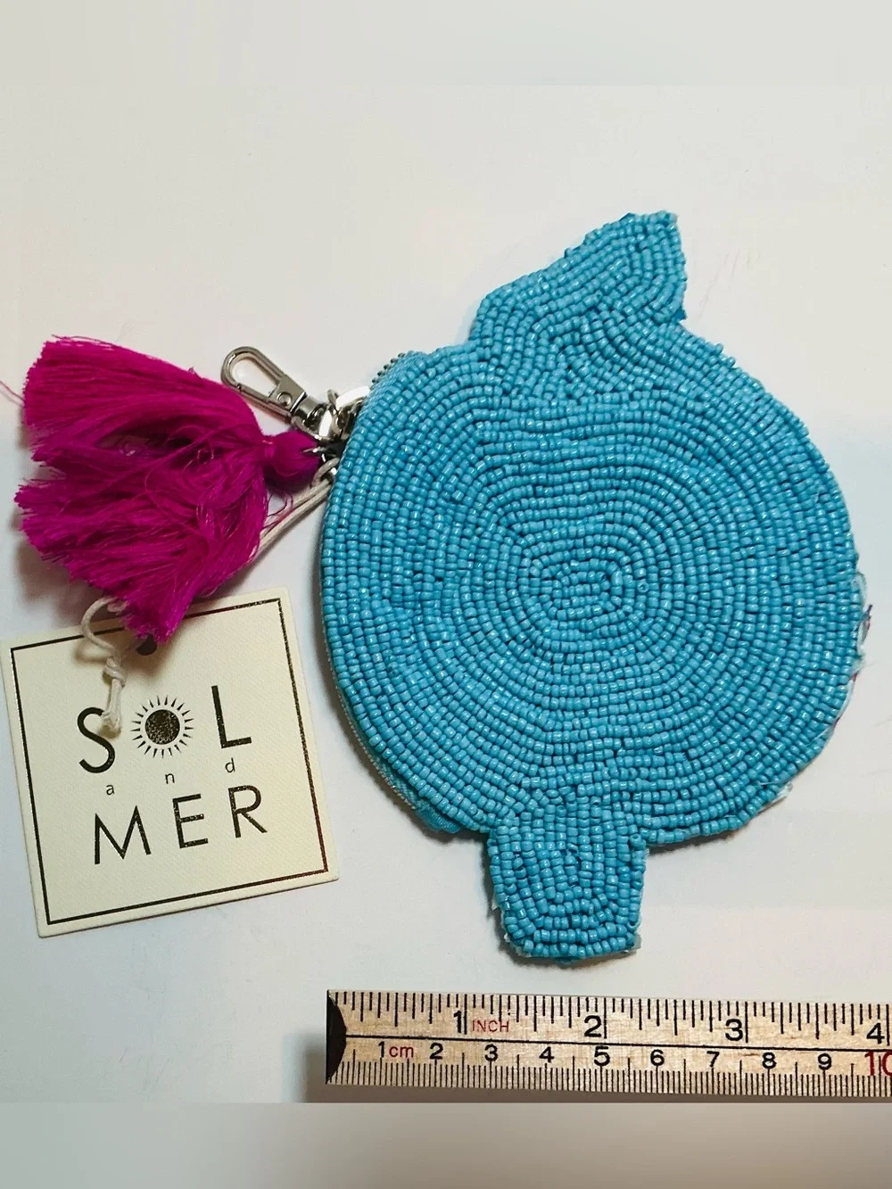 * SOL and MER Multicolor Beaded Citrus Zippered Pouch with Pink Tassel